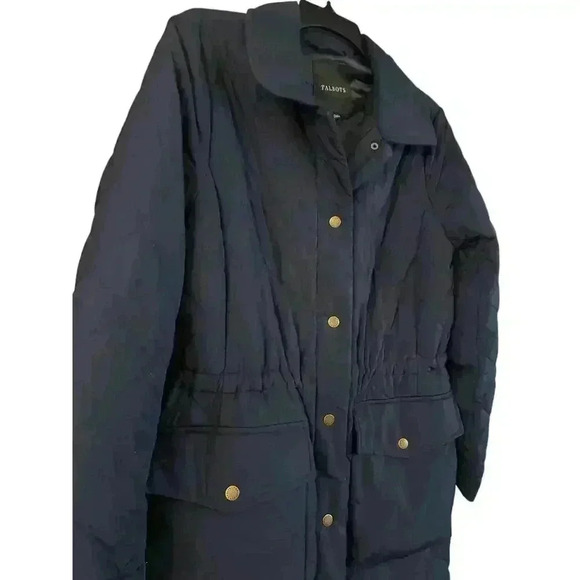 Talbots Women’s Long Quilted Coat Navy Snap Button Size M Pockets Lined - Picture 2 of 8